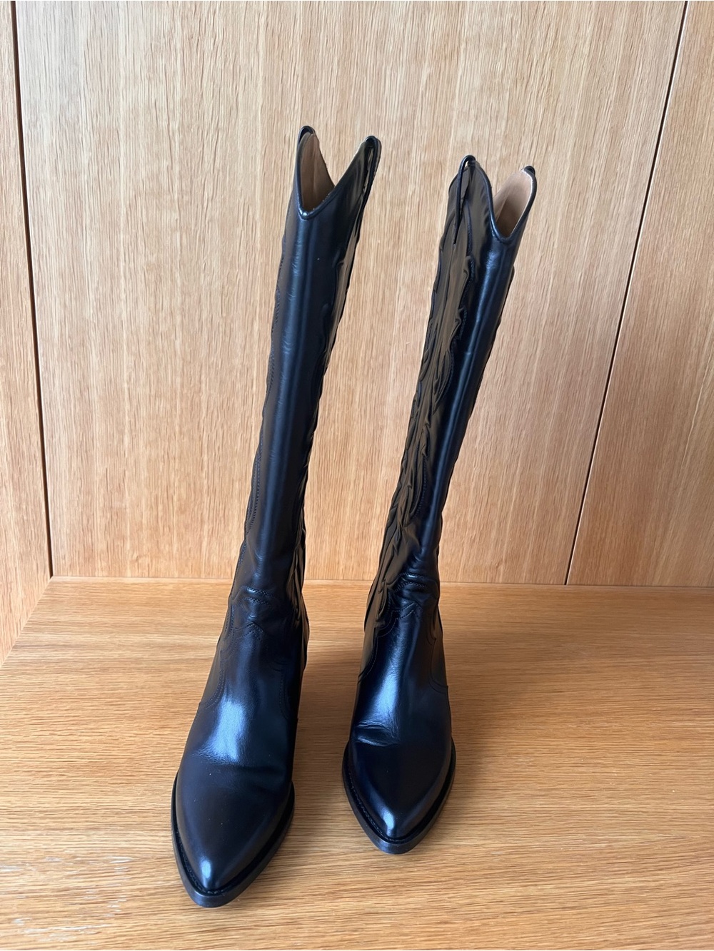 Maje Black Leather Knee-High Western Boots - Picture 2 of 7